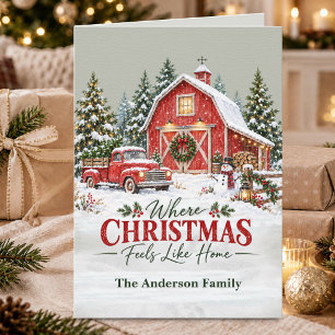 Vintage Red Farm Truck Barn Mountain Christmas Card