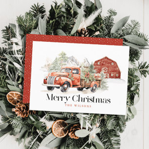 Vintage Red Farm Truck Barn Mountain Christmas Holiday Card