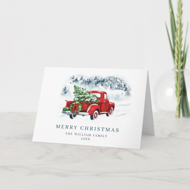 Vintage Red Farm Truck Christmas Greeting Holiday Card (Front)