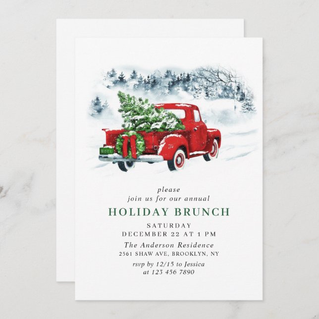Vintage Red Farm Truck Christmas HOLIDAY BRUNCH Invitation (Front/Back)