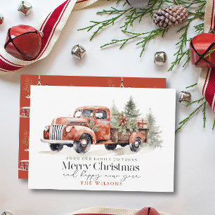 Vintage Red Farm Truck Christmas Tree Holiday Card