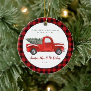 Vintage Red Farm Truck   First Christmas Mr & Mrs  Ceramic Ornament