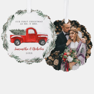 Vintage Red Farm Truck   First Christmas Mr. & Mrs Tree Decoration Card