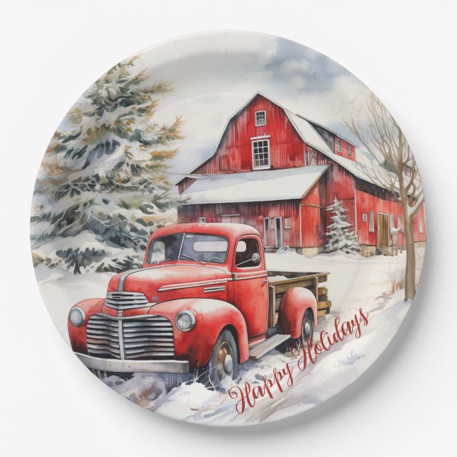 Vintage Red Farm Truck Red Barn Paper Plate (Front)