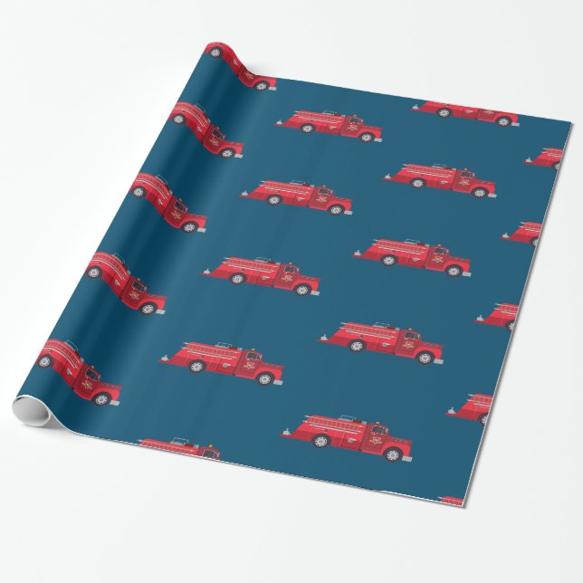 Vintage Red Fire Engine Fire Truck Wrapping Paper (Unrolled)