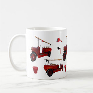Vintage Red Fire Fighters Truck Cap Axe Hat, Coffee Mug