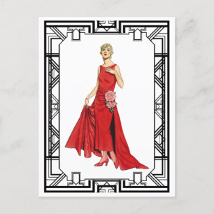 Vintage Red Flapper Slinky Silk Gown Fashion Postcard