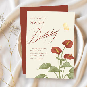 Vintage red floral botanical birthday invitation