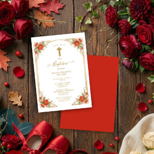 Vintage Red Floral Christian Cross Baptism Invitation