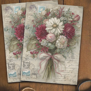 Vintage Red Floral Christmas Ephemera Decoupage  Tissue Paper