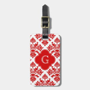 Vintage Red Floral Damask #3 with Monogram LG Luggage Tag