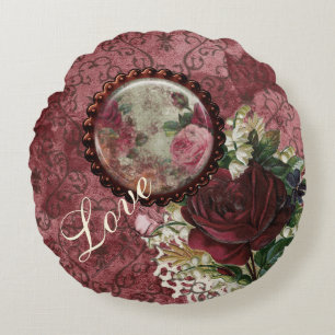 Vintage Red Floral Emphemera Love Round Cushion