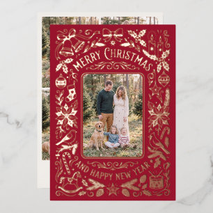 Vintage Red Floral Family Photo Christmas Foil Holiday Card