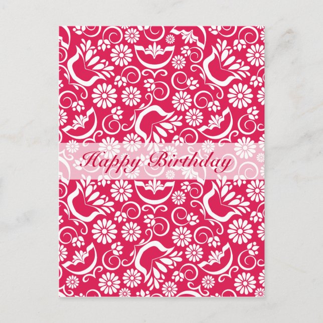Vintage red floral Happy Birthday Postcard (Front)