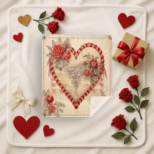 Vintage Red Floral Heart Wrought Iron Print Sherpa Blanket