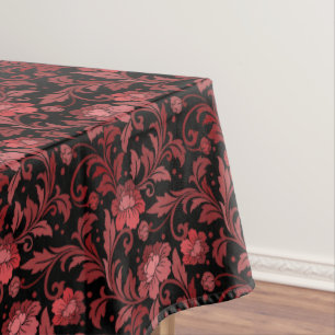 Vintage Red Floral Leaves Damask on Black Tablecloth
