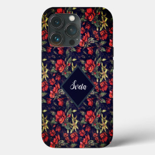 Vintage Red Flowers & Your Name iPhone 13 Pro Case