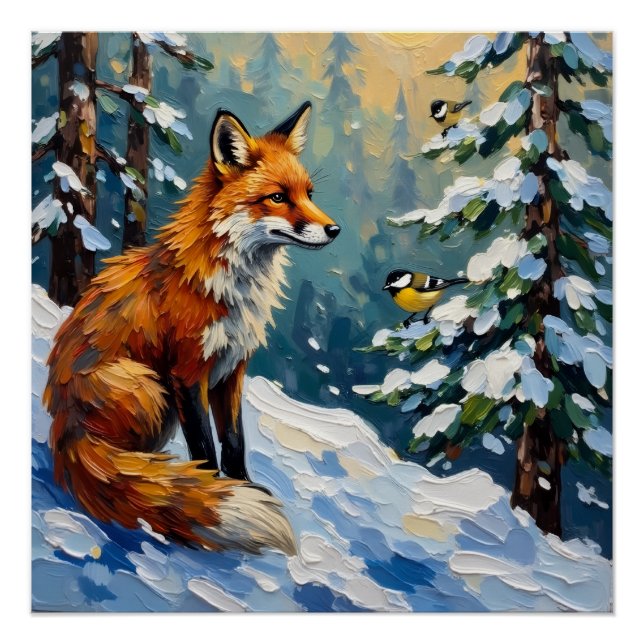 Vintage Red Fox and Chickadees Christmas Painting Poster (Front)