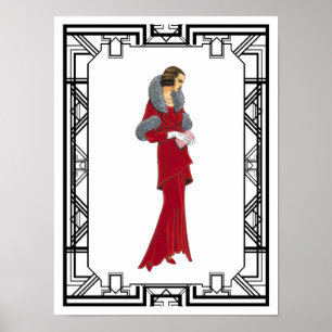 Vintage Red Fur Coat Retro Fashion Illustration Poster