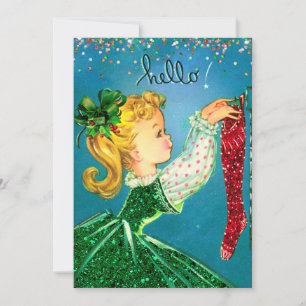 Vintage Red Glitter Girl Socks Monogram Thank You Card