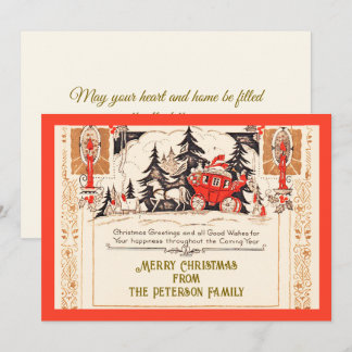 Vintage Red Gold Christmas Greetings Carriage Snow Holiday Card