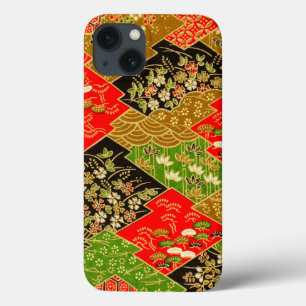 Vintage Red Gold Green Japanese Kimono Floral iPhone 13 Case
