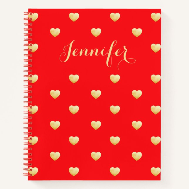 Vintage Red Gold Hearts Custom Name Notebook (Front)