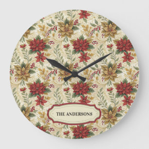 Vintage Red & Gold Poinsettia Floral Custon Name Large Clock