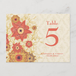Vintage red gold poppy flower wedding table number postcard