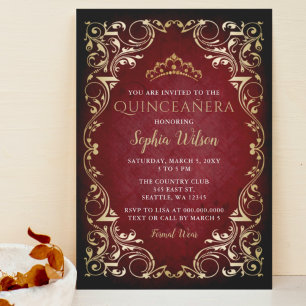 Vintage Red Gold Princess Tiara Quinceañera  Invitation