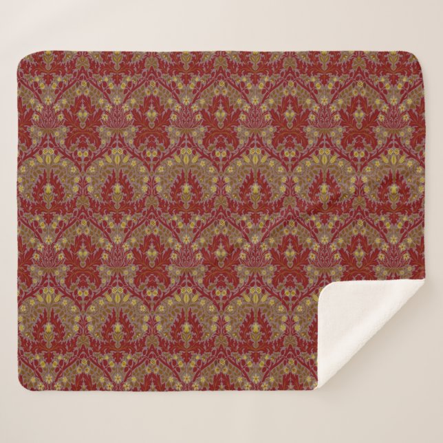 Vintage Red Gold William Morris Autumn Flowers Sherpa Blanket (Front (Horizontal))