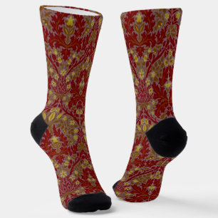 Vintage Red Gold William Morris Autumn Flowers Socks
