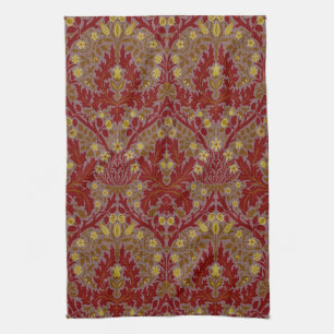 Vintage Red Gold William Morris Autumn Flowers Tea Towel
