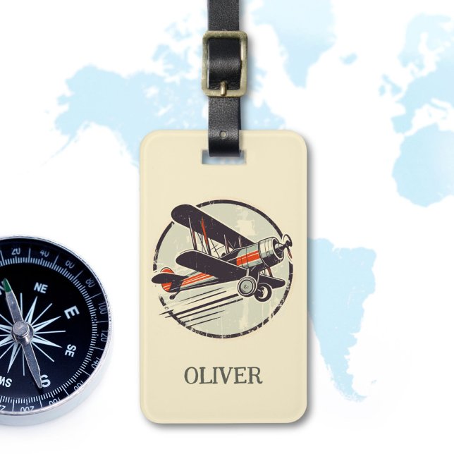 Vintage Red Green Biplane  Personalised Luggage Tag (Creator Uploaded)