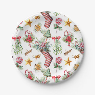 Vintage Red & Green Christmas Stocking Pattern Paper Plate