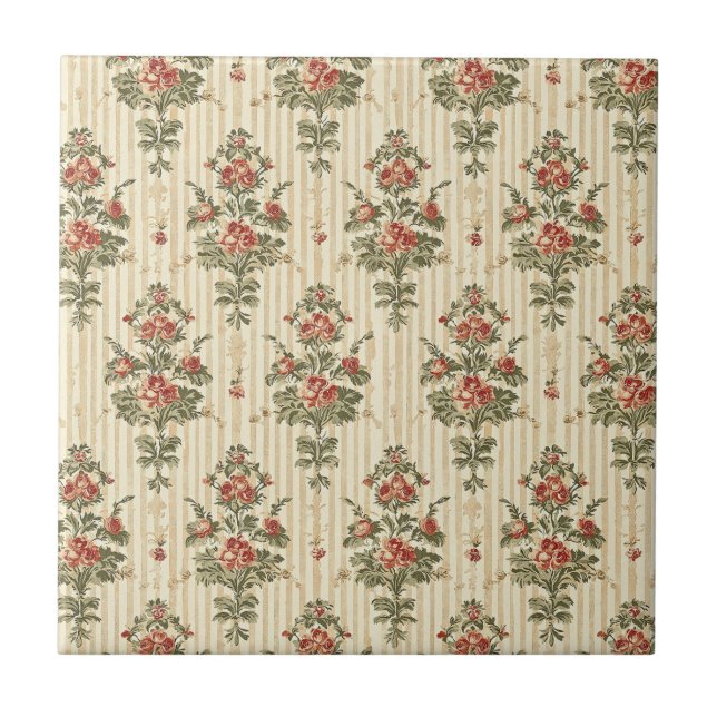 Vintage Red Green Damask Pattern (10) Ceramic Tile (Front)