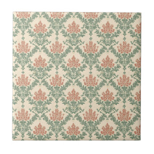 Vintage Red Green Damask Pattern Ceramic Tile