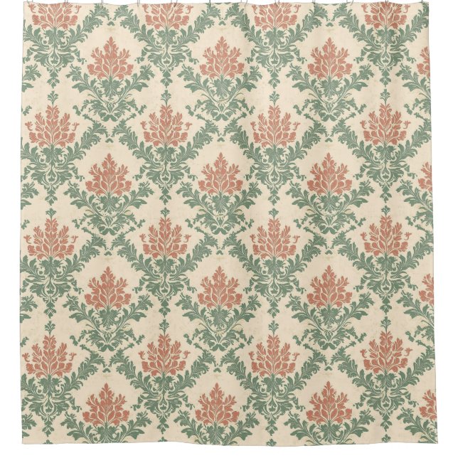 Vintage Red Green Damask Pattern Shower Curtain (Front)