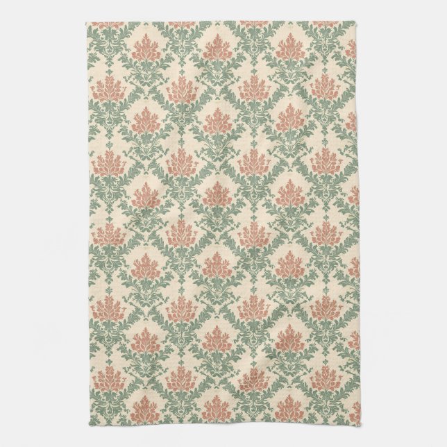 Vintage Red Green Damask Pattern Tea Towel (Vertical)