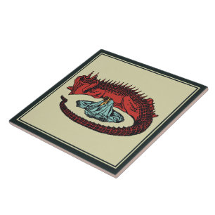 Vintage Red Green Dragon Lady Art Nouveau Graphic  Ceramic Tile
