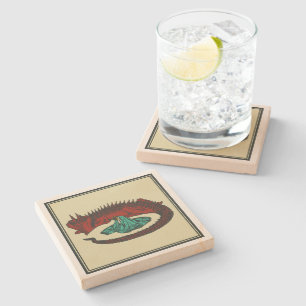 Vintage Red Green Dragon Lady Vector Art Nouveau Stone Coaster