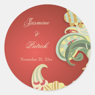 Vintage red green floral swirl wedding stickers