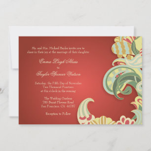 Vintage red green floral swirls wedding invitation