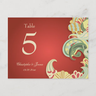 Vintage red green floral wedding table number postcard