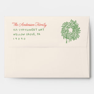 Vintage Red Green Hand Drawn Bow Wreath Christmas Envelope