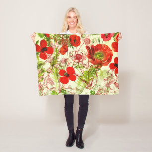 Vintage Red Green Poppies Summer Wildflowers Fleece Blanket