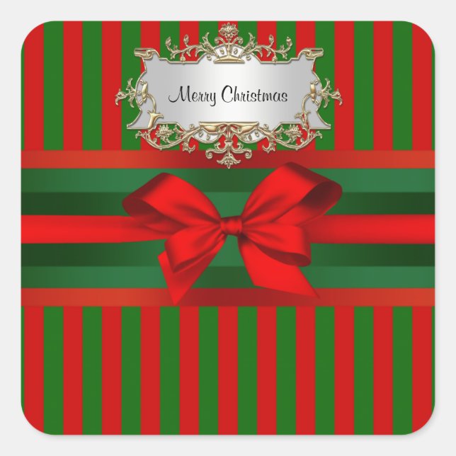Vintage Red & Green Stripe Ribbon Christmas Square Sticker (Front)