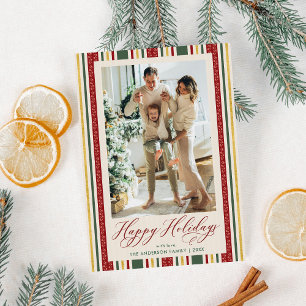 Vintage Red Green Stripes Happy Holidays Photo Holiday Card