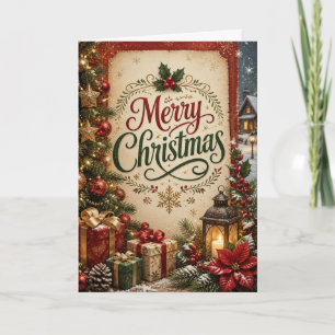 Vintage Red Green Tree Lantern Christmas Card