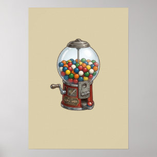 Vintage Red Gumball Machine and Colourful Candies Poster